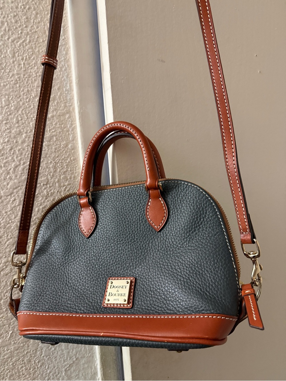 Dooney & Bourke Pebble Grain Bitsy Bag Leather Dome Crossbody with Tan Trim